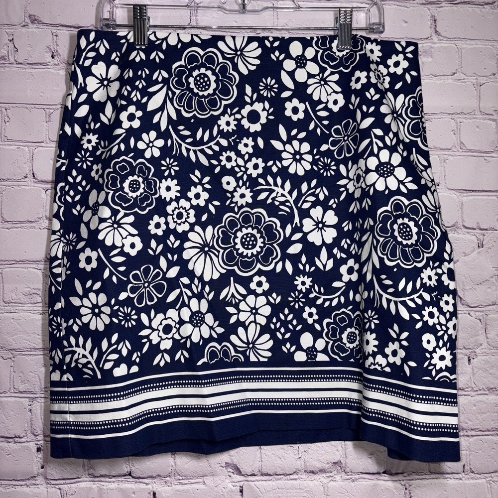 Talbots Floral Print Womens SZ 12P Pencil Skirt Blue White Mid Rise Zip Side